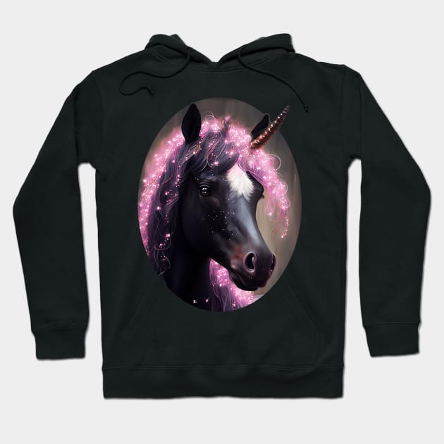 Unicorn Black and Pink Fairy Surreal Fantasy Creature Portrait Hoodie by BluedarkArt